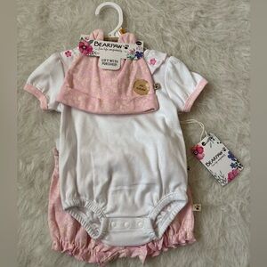 BearPaw Precious Pink and White Baby Hat, Bodysuit & Bloomer Set